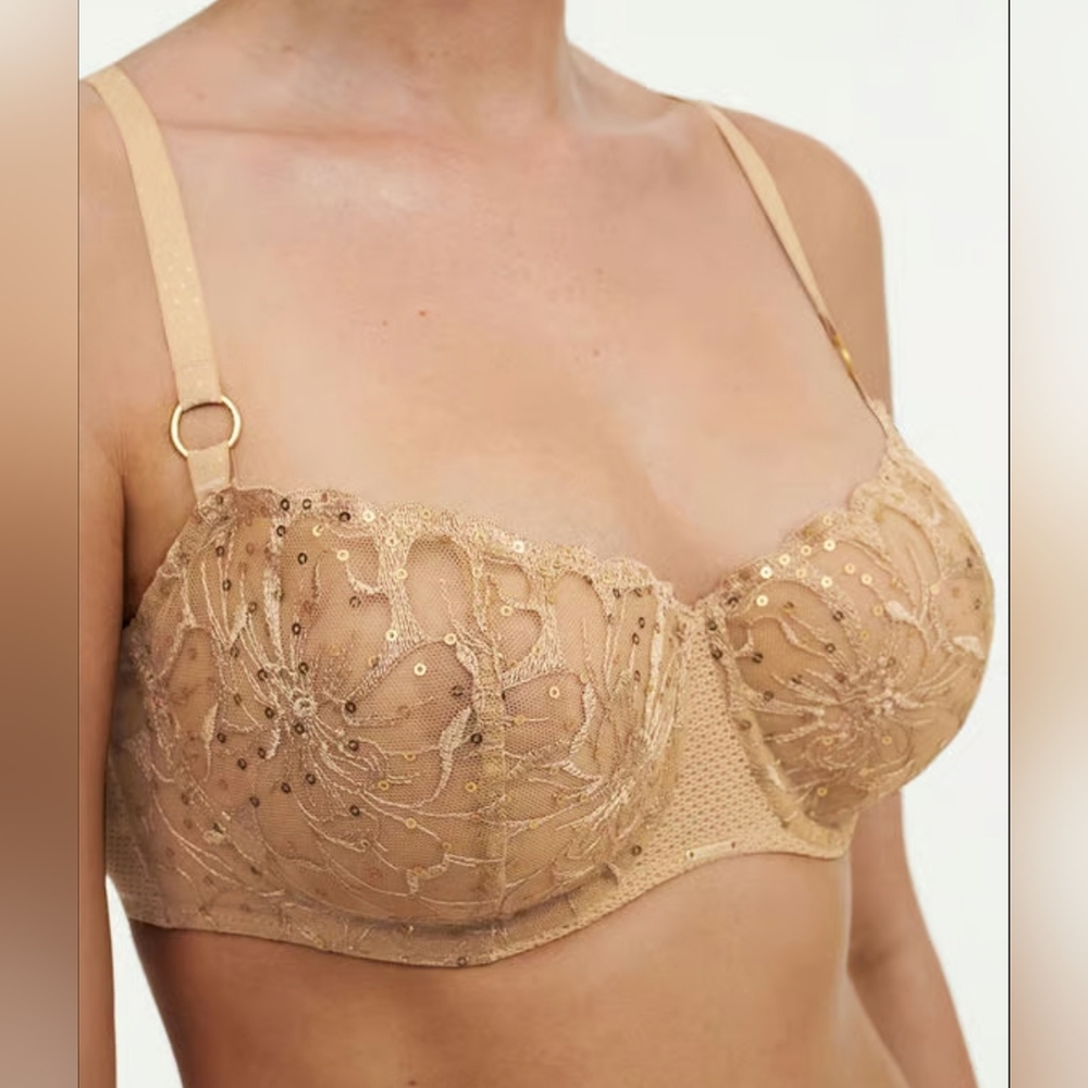 Size 34D - New CHANTELLE Fleurs Signature Demi Bra-Toffee Sequins - Picture 4 of 10